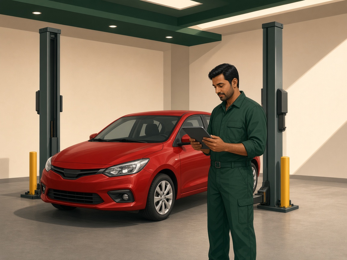 Mechanic standing beside a red car in a service bay