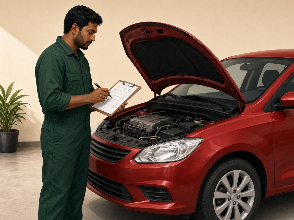 Mechanic inspecting a car with a 32-point checklist