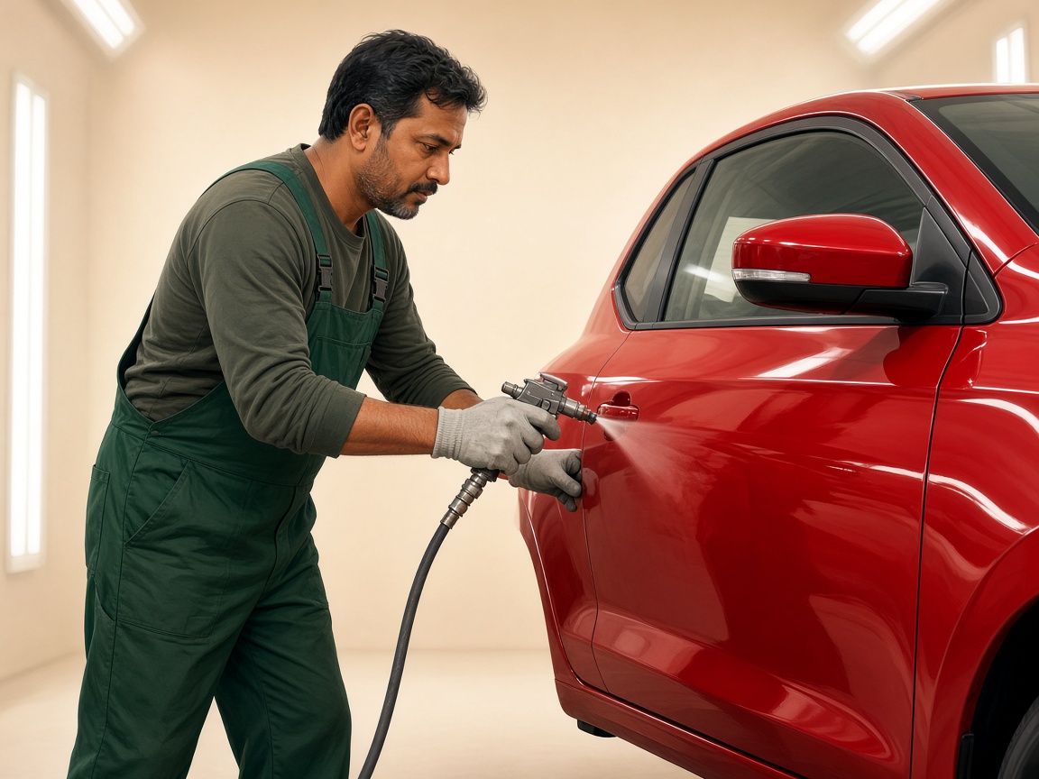 Technician polishing and detailing a car