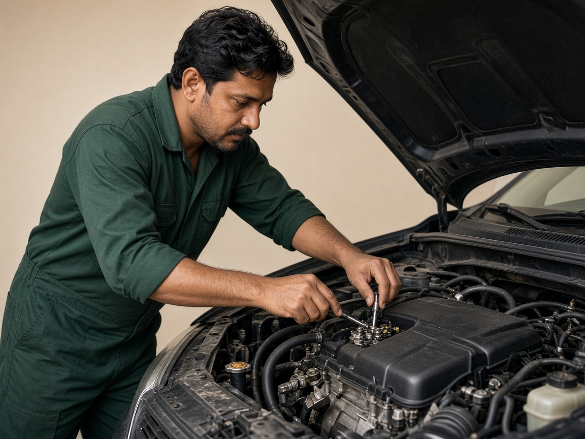Mechanic servicing a car engine with the hood open