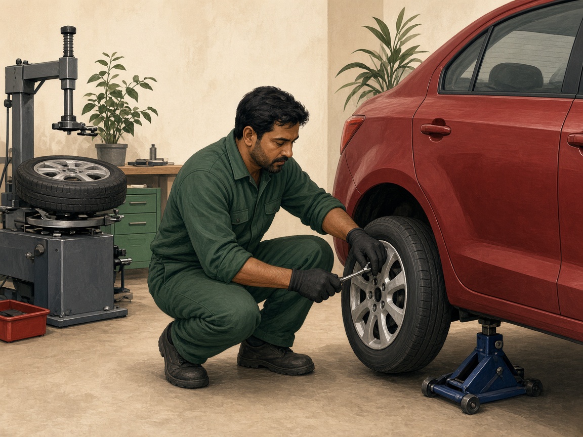 Mechanic changing a car tyre