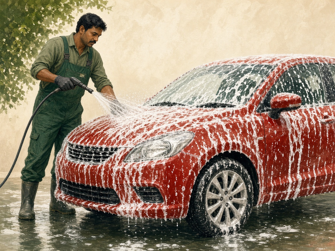 Car being foam washed at the garage